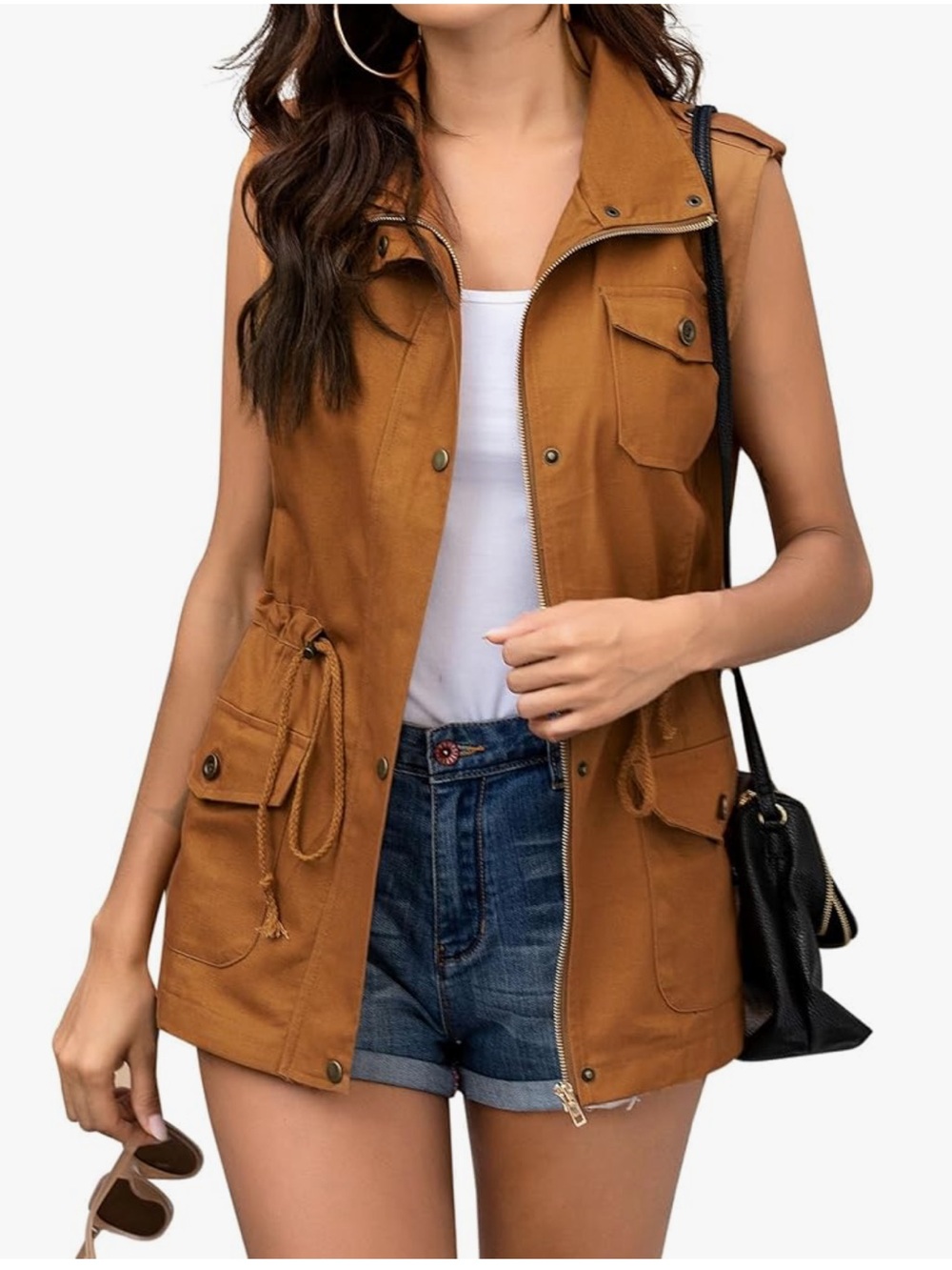 Women's Sleeveless Utility Vest in Cognac Brown